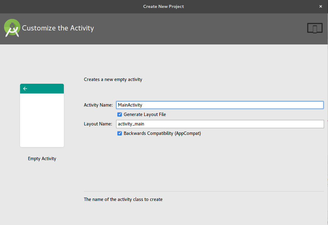 Enter the Activity name and Layout name